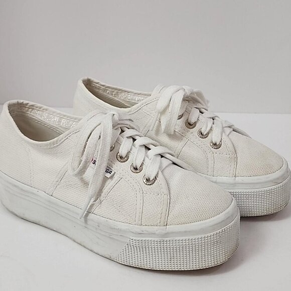 Superga Womens White Canvas Platform Sneakers, 4.5 - Picture 2 of 8
